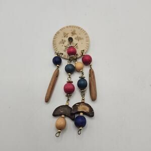 Boho Wood Bead Dangle Brooch Pin Round Disc Red Blue Artisan Statement 4.5"